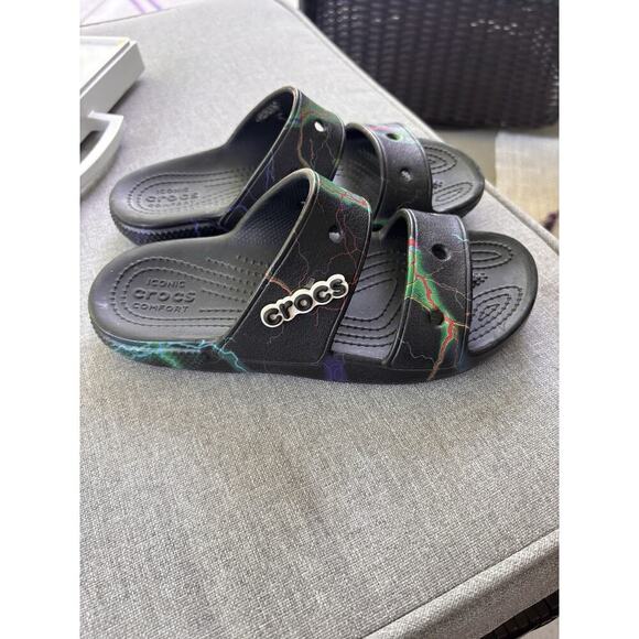 Crocs Classic Two-Strap Slide Sandals Black/Green US Men's 4 Women's 6 - Picture 4 of 6